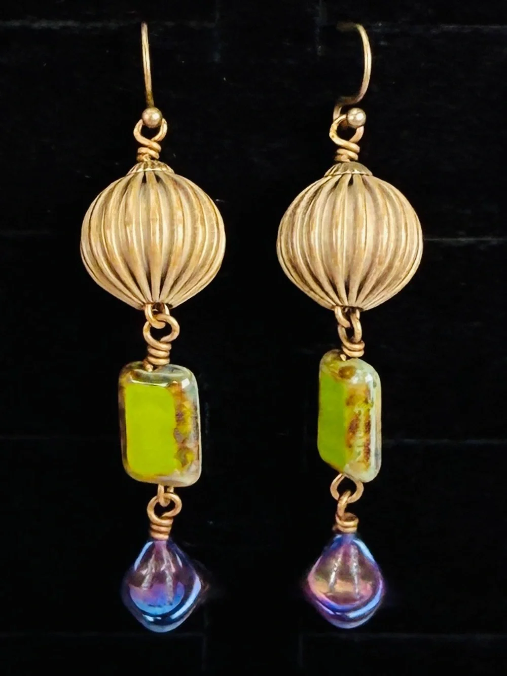 Vintage bronzetone, long Bohemian chic costume pierced earrings